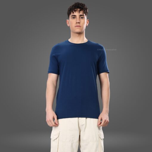 ''Teal Blue Half Sleeve Round Neck Tee''>