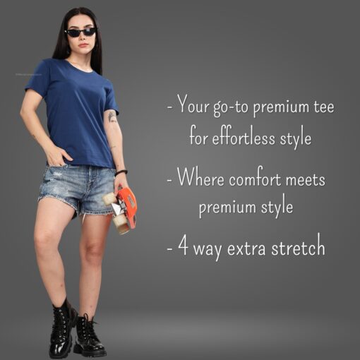 ''Teal Blue Round Neck Women Tshirt''>