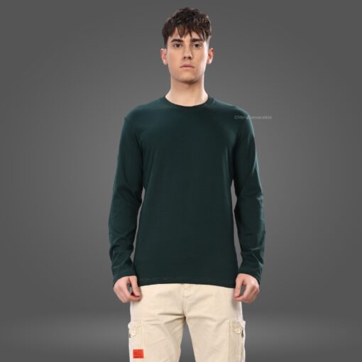 ''Bottle Green Tencel Full Sleeve Tee''>