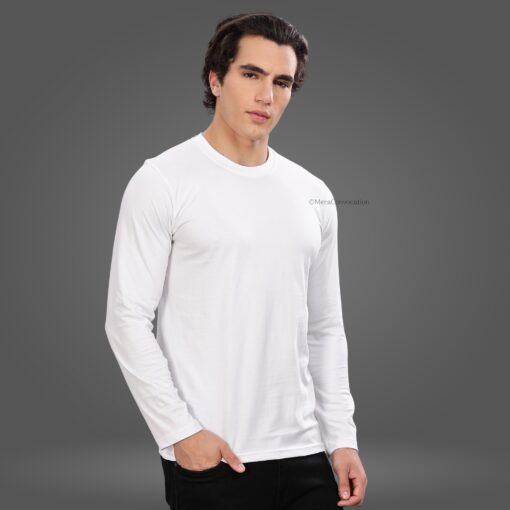 ''Milky White Cotton Full Sleeve Tee''>