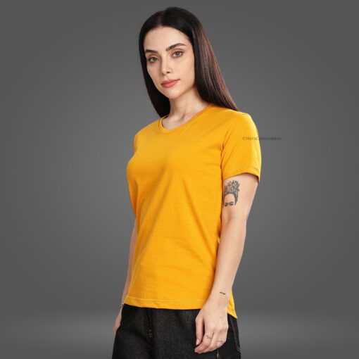 ''Mustard Yellow Crew Neck Half Sleeve Women Tee''>