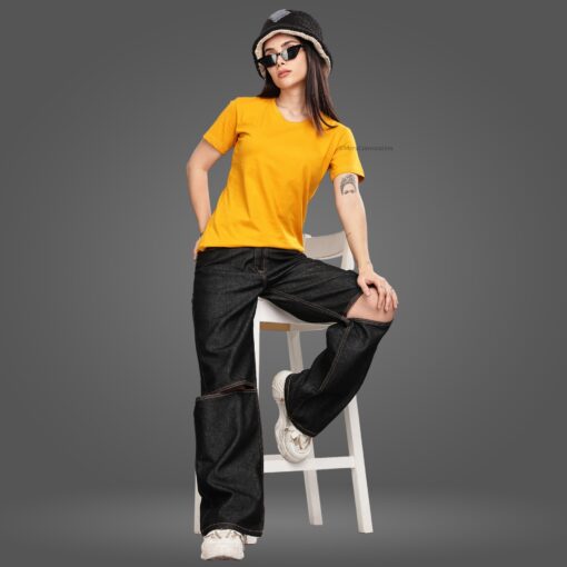 ''Mustard Yellow Half Sleeve Women Tee''>