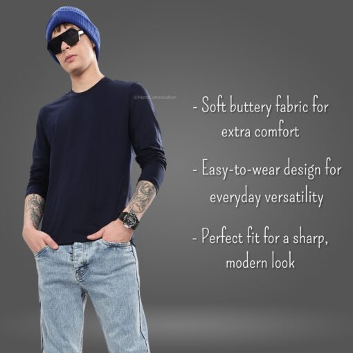 ''Navy Blue Tencel Full Sleeve Tee''>