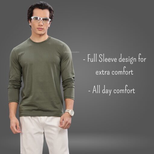 ''Olive Green Tencel Premium Full Sleeve Tshirt''>
