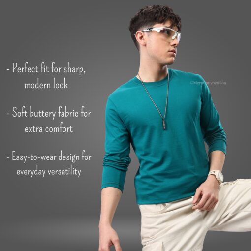 ''Peacock Blue Cotton Full Sleeve Tshirt''>