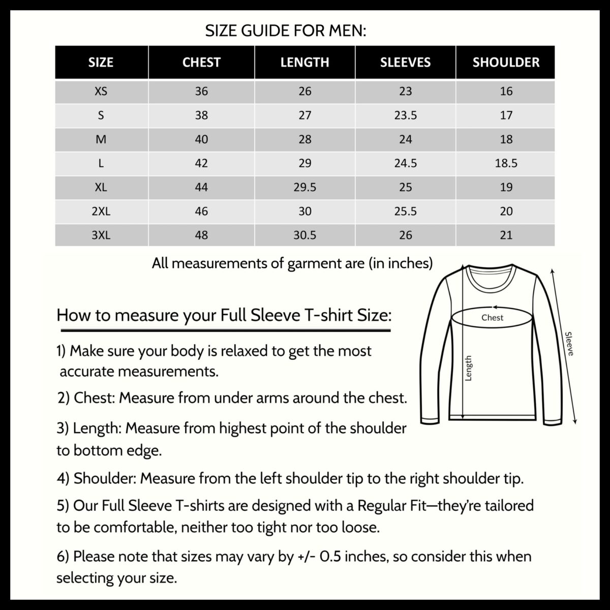 ''Size Chart for Full Sleeves Tee - Men''>