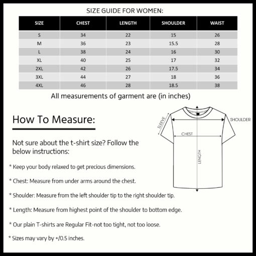 ''Size Chart for Half Sleeve Tee - Women''>