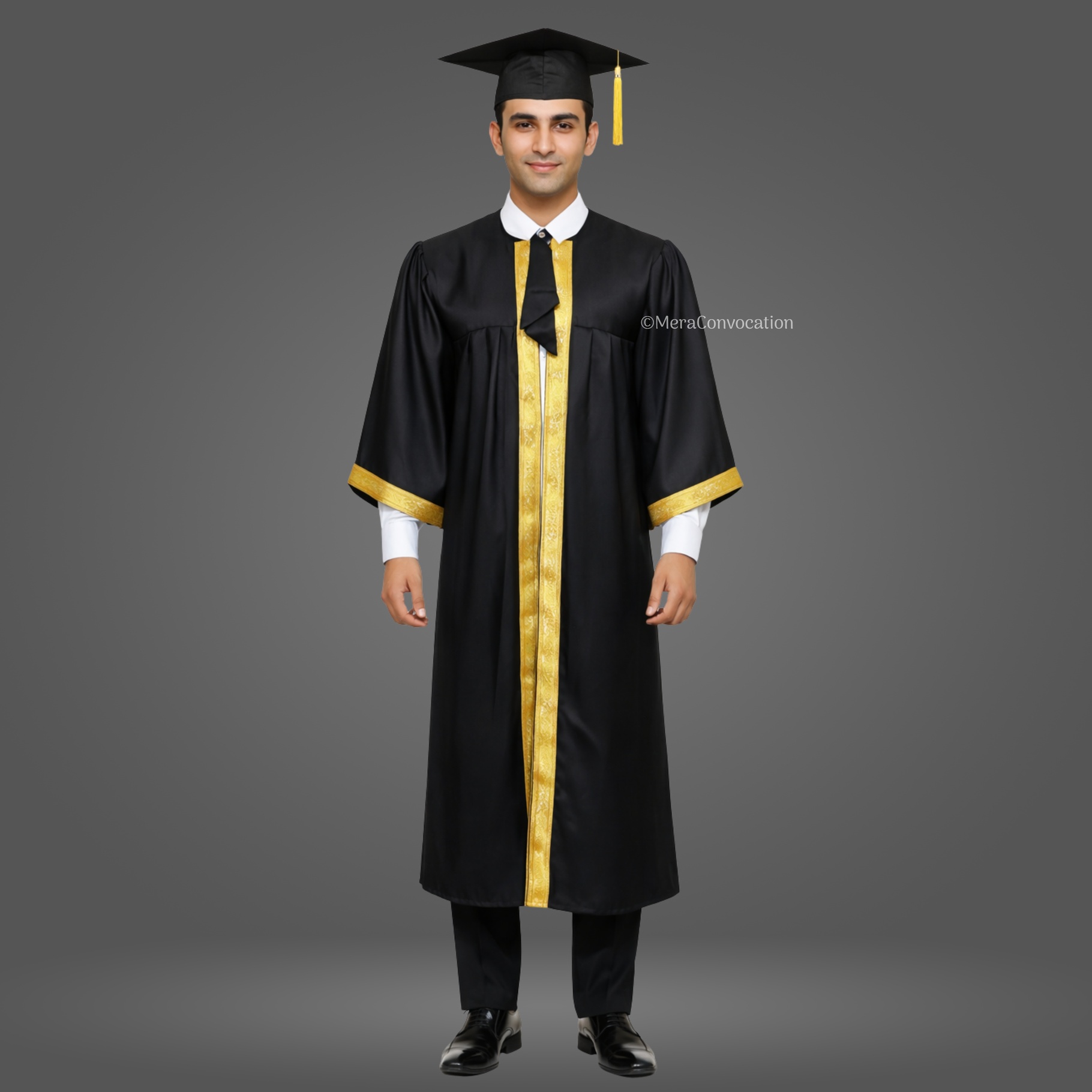 Boy - Black Satin Graduation Gown and Cap with Golden Border ''Boy - Black Satin Graduation Gown and Cap with Golden Border''>