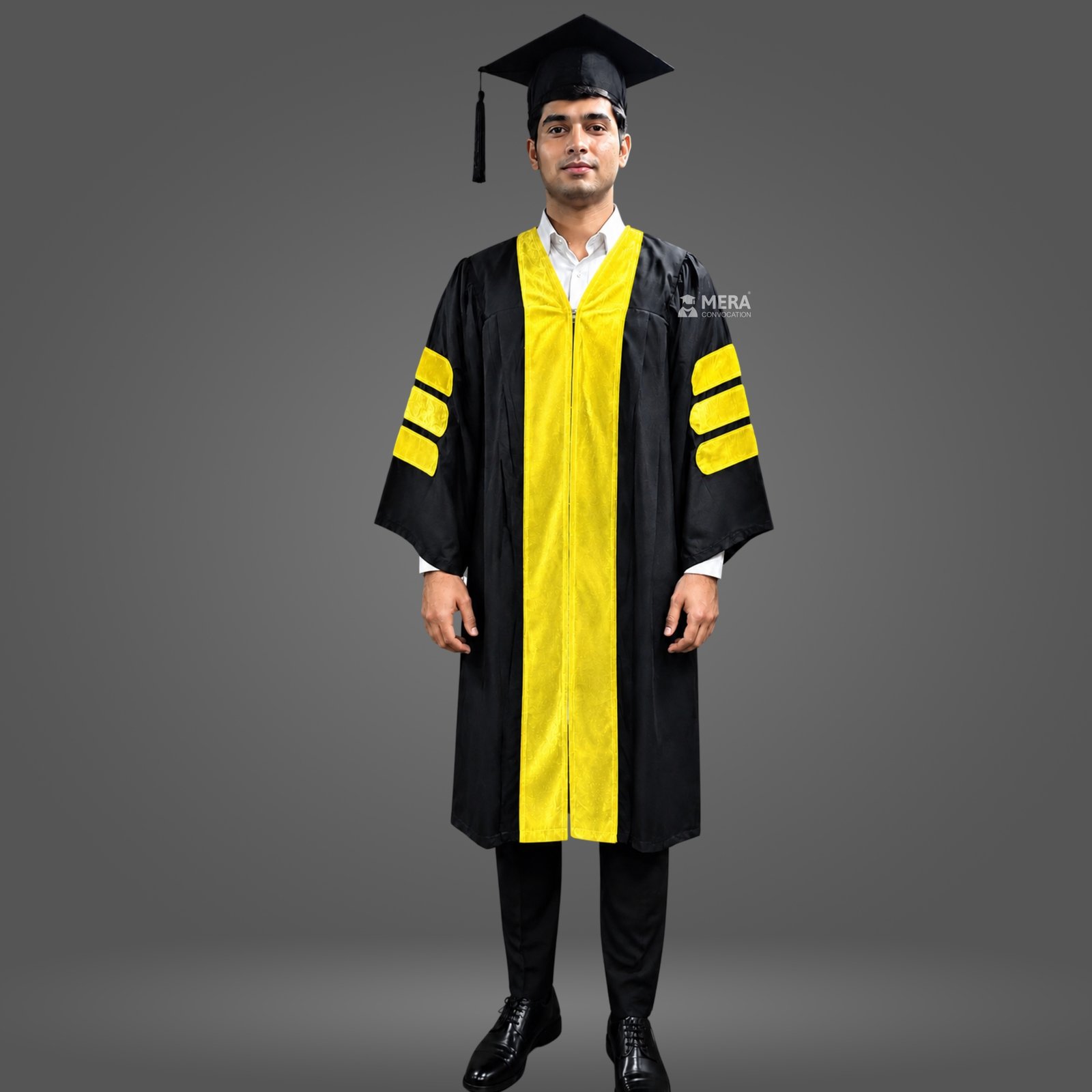 Black Doctoral Graduation Gown with Lemon Yellow Velvet Border Black Doctoral Graduation Gown with Lemon Yellow Velvet Border