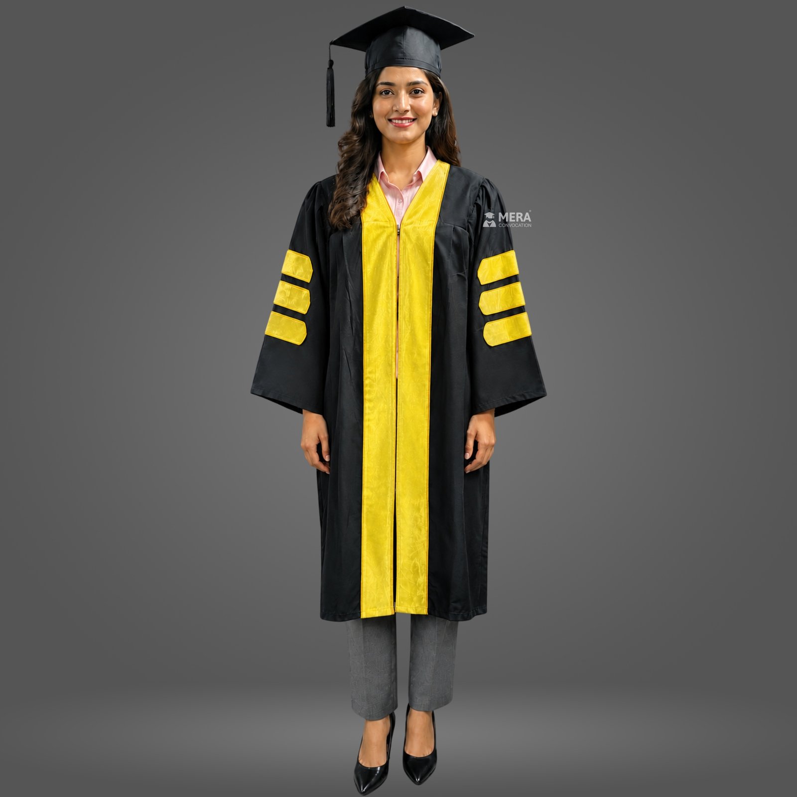 Black PhD Graduation Gown with Lemon Yellow Velvet Border Black PhD Graduation Gown with Lemon Yellow Velvet Border